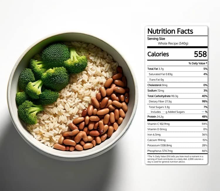 Bowl of brown rice, broccoli, and beans with nutrition facts label