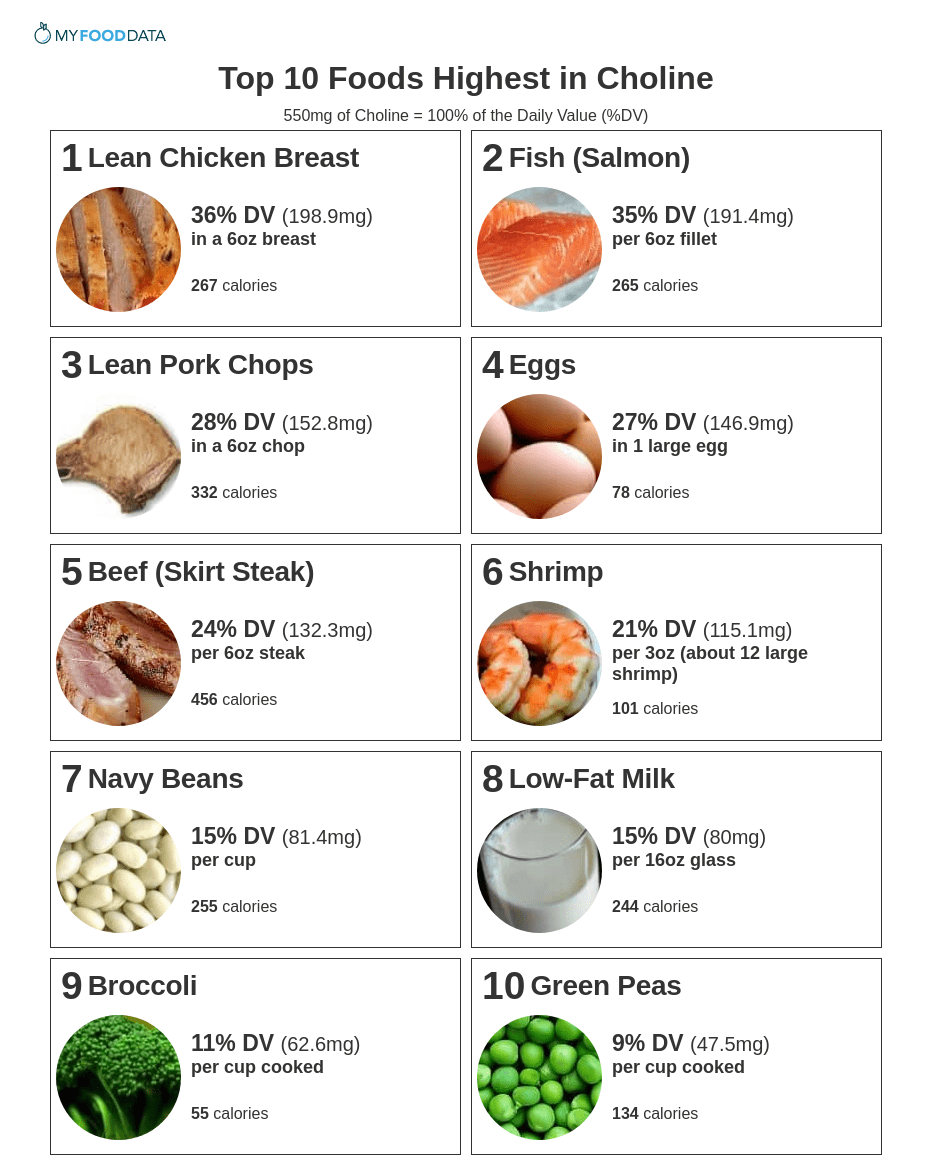 Printable list of high choline foods including lean chicken, fish, lean pork, eggs, beef, shrimp, beans, low-fat milk, broccoli, and green peas.